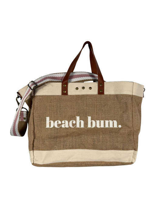 Beach Bum Handbags - Beach Bum Canvas Jute Tote Bag Beige Brown Striped Strap Casual Travel Women's